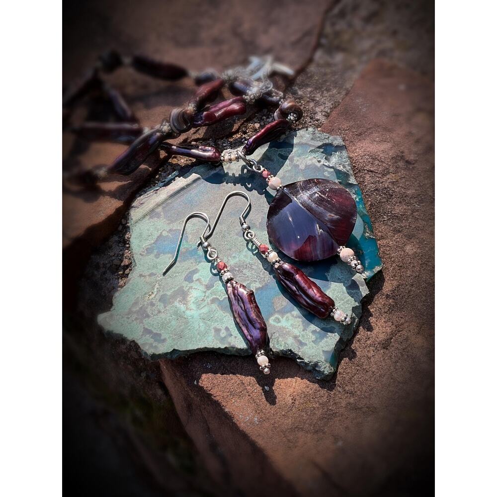 Hand Crafted Red Pearl Sticks Shell Jewelry Set